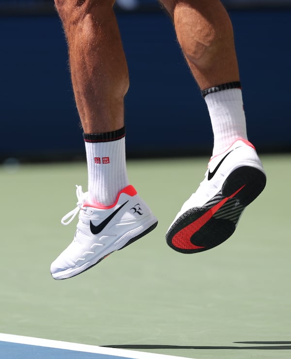 Roger Federer US Open 2019 Nike Shoes White and Black, Red Swoosh on the sole.