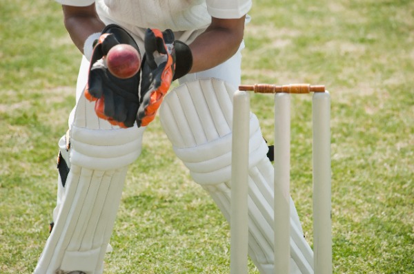 Cricket wicketkeeper catching a ball behind stumps