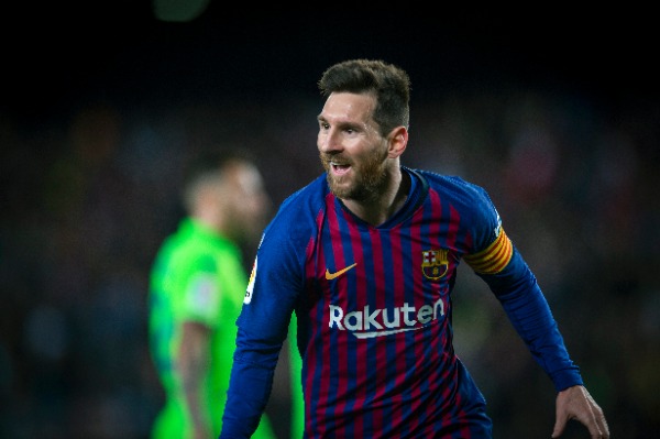 Lionel Messi of FC Barcelona celebrates after scoring a goal against Levante UD during their 35th round match of the La Liga 2018-2019 season at Camp Nou Stadium in Barcelona, Spain, 27 April 2019.