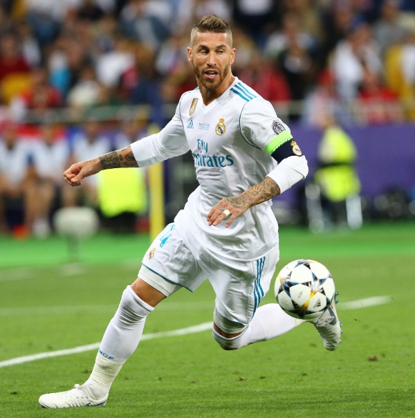 KYIV, UKRAINE - MAY 26, 2018: Sergio Ramos of Real Madrid in action during the UEFA Champions League Final 2018 game against Liverpool at NSC Olimpiyskiy Stadium. Real Madrid won 3-1
