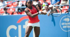 Coco Gauff (USA) in the qualifying rounds of the Citi Open tennis tournament on July 27, 2019 in Washington DC