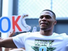 NBA star Russell Westbrook of Oklahoma City Thunder attends a fan meeting event during his China tour in Shanghai, China, 9 August 2018.